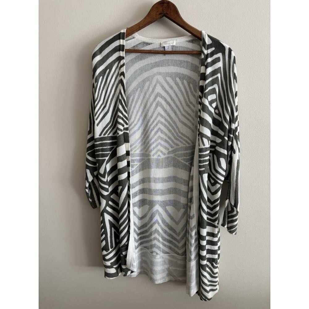 Chico’s Rayon Open Cardigan Sweater White & Green ¾ Sleeve Large Funky Art